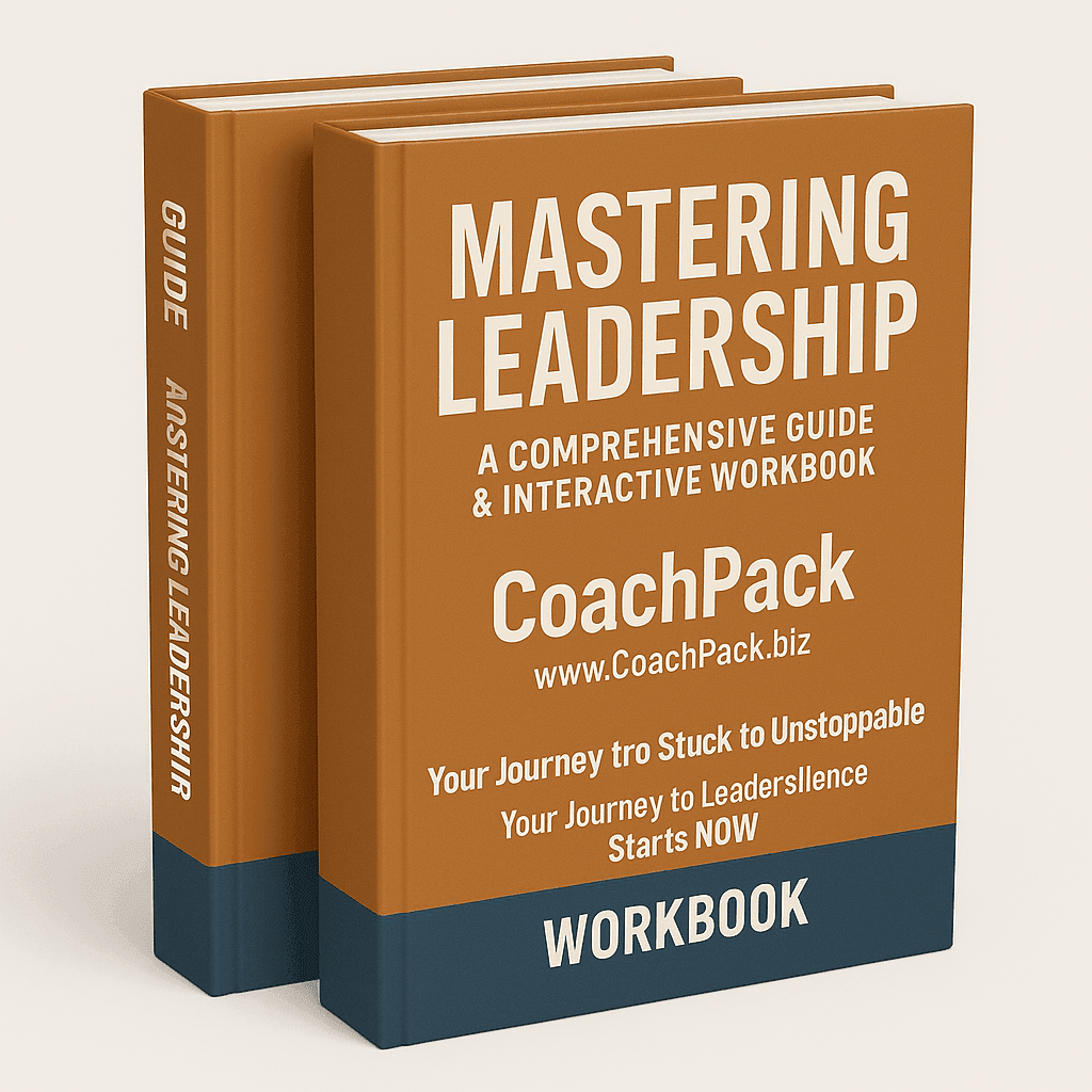 Two books titled 'Mastering Leadership: A Comprehensive Guide & Interactive Workbook' by CoachPack.